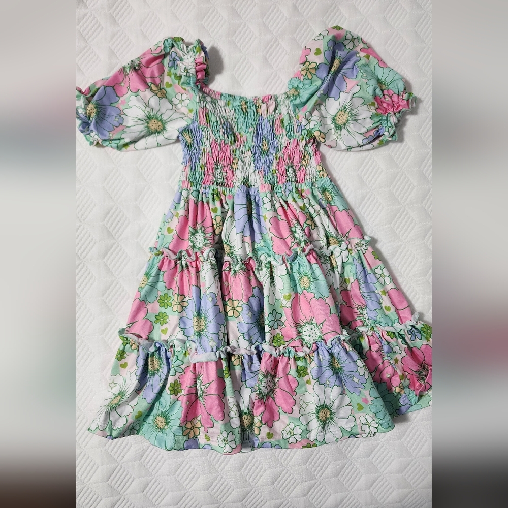 Girls Floral Smocked Puff Sleeve Dress - Pastel Pink, Mint & Lavender